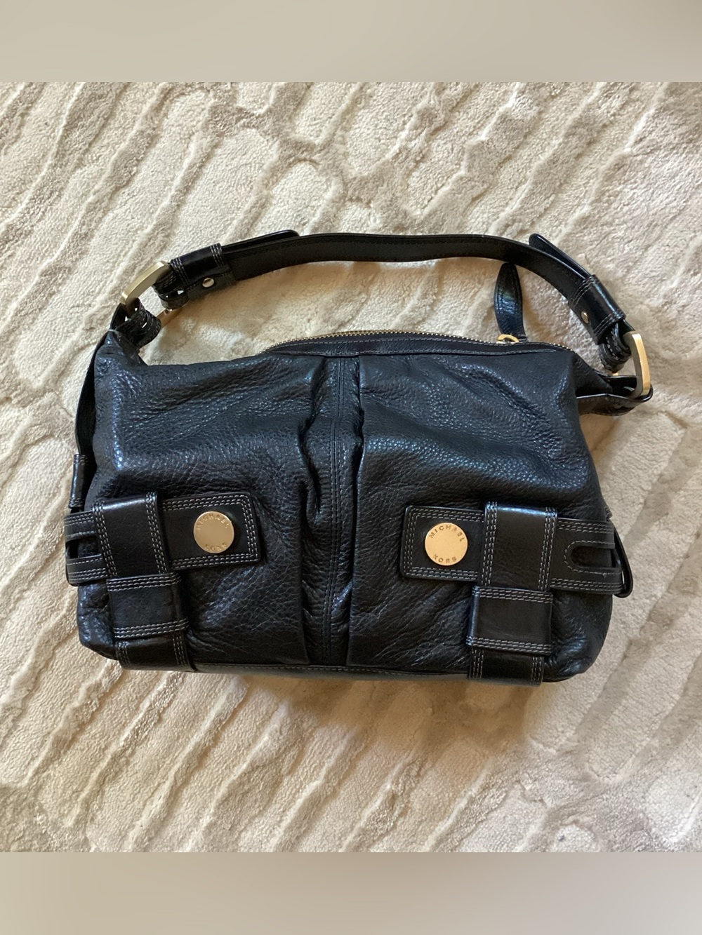 Michael Kors Harness Bag, black pebbled leather,gold hardware, zip top, dust bag
